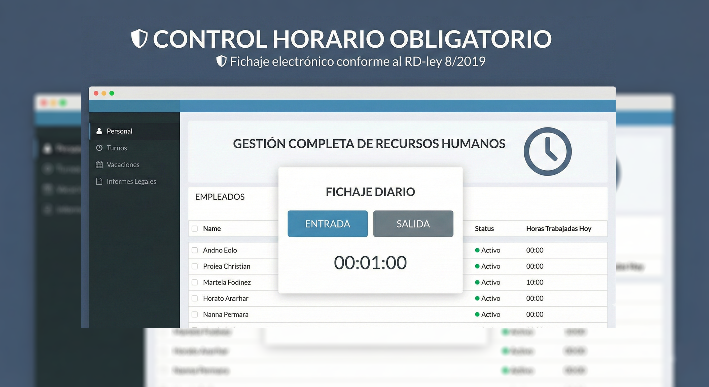 Control Horario Dashboard - Sistema de fichaje electrónico conforme al RD-ley 8/2019